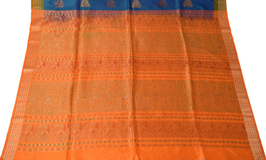 Sushila Vintage Orange Sari Remnant Scrap Woven Paisley Pure Silk Craft Fabric