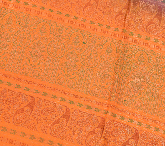 Sushila Vintage Orange Sari Remnant Scrap Woven Paisley Pure Silk Craft Fabric