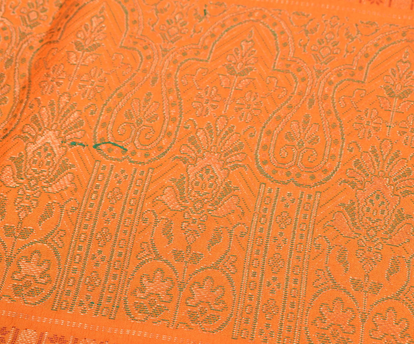 Sushila Vintage Orange Sari Remnant Scrap Woven Paisley Pure Silk Craft Fabric
