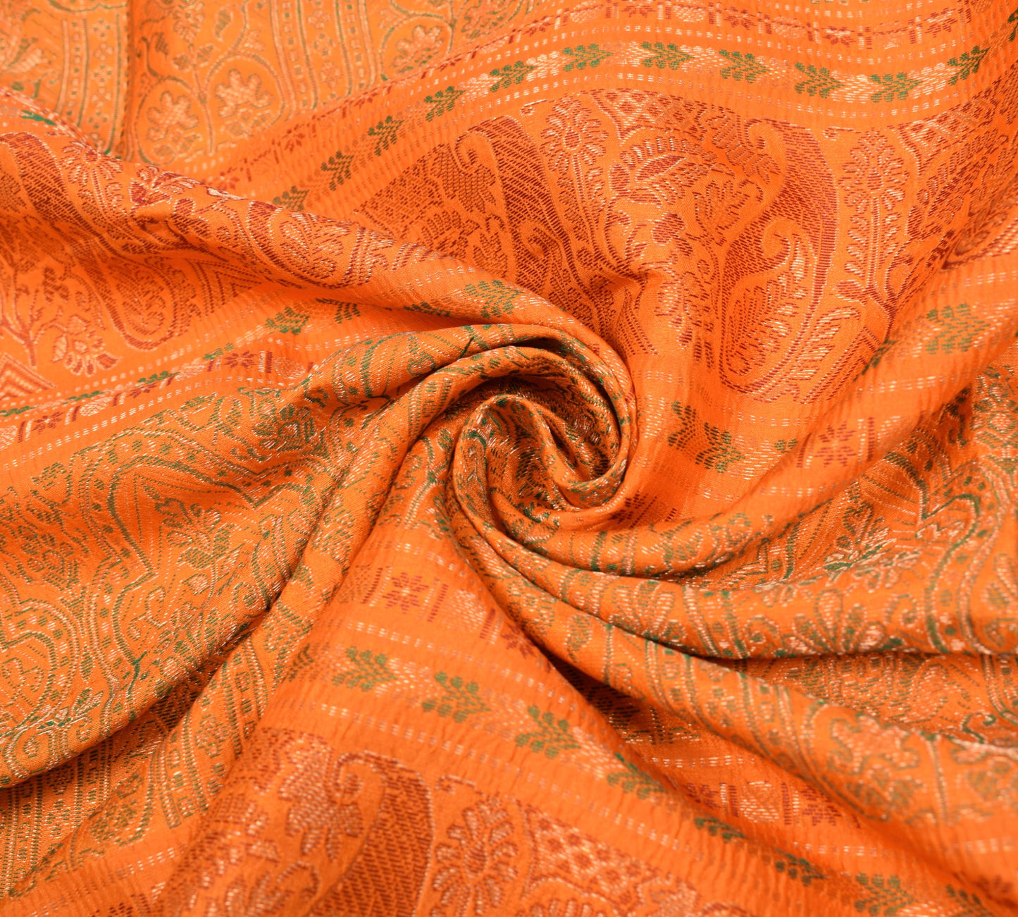Sushila Vintage Orange Sari Remnant Scrap Woven Paisley Pure Silk Craft Fabric