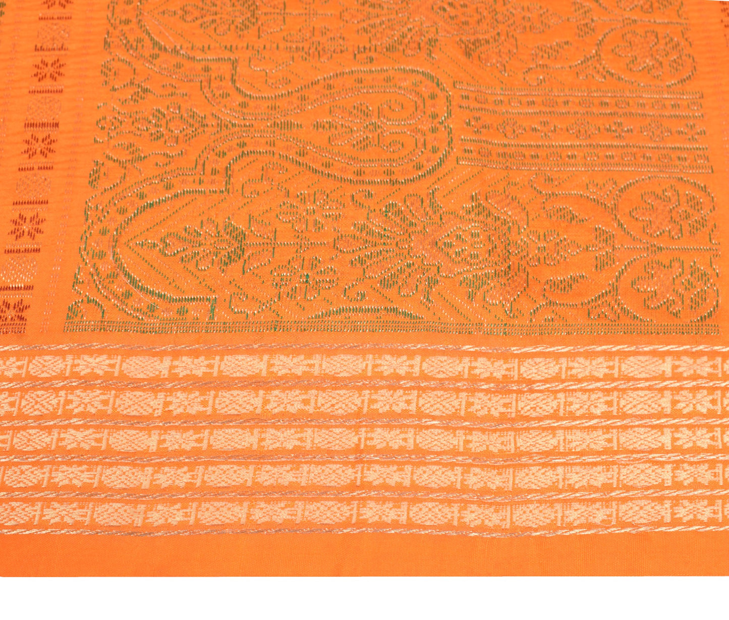 Sushila Vintage Orange Sari Remnant Scrap Woven Paisley Pure Silk Craft Fabric