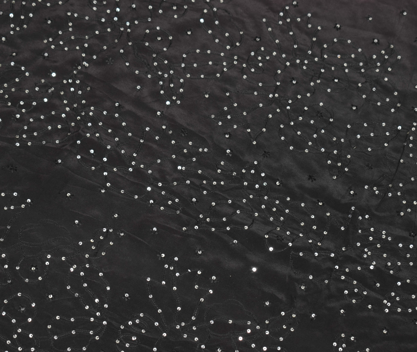 Sushila Vintage Embroidered Sari Remnant Scrap Pure Crepe Black Craft Fabric