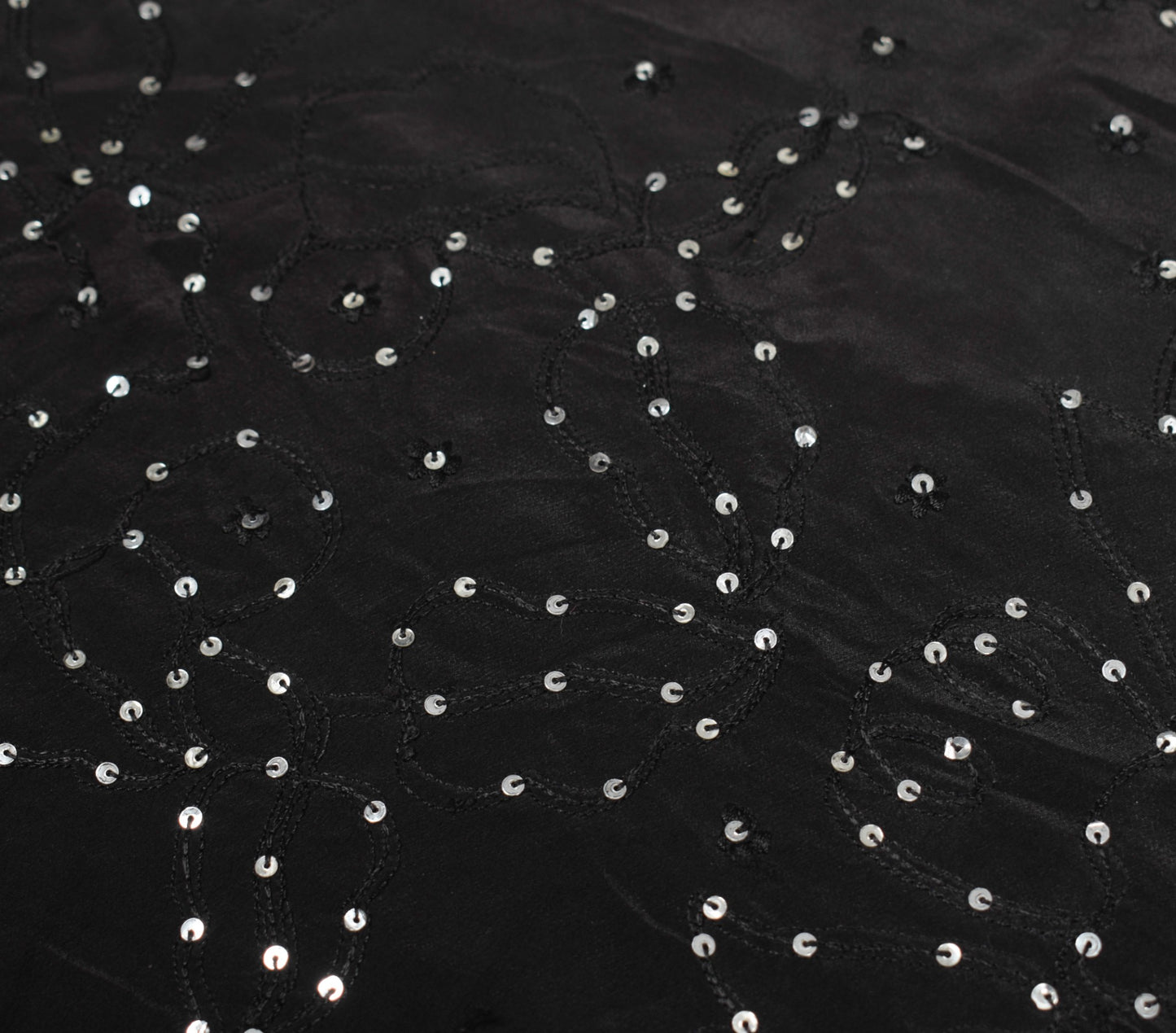 Sushila Vintage Embroidered Sari Remnant Scrap Pure Crepe Black Craft Fabric