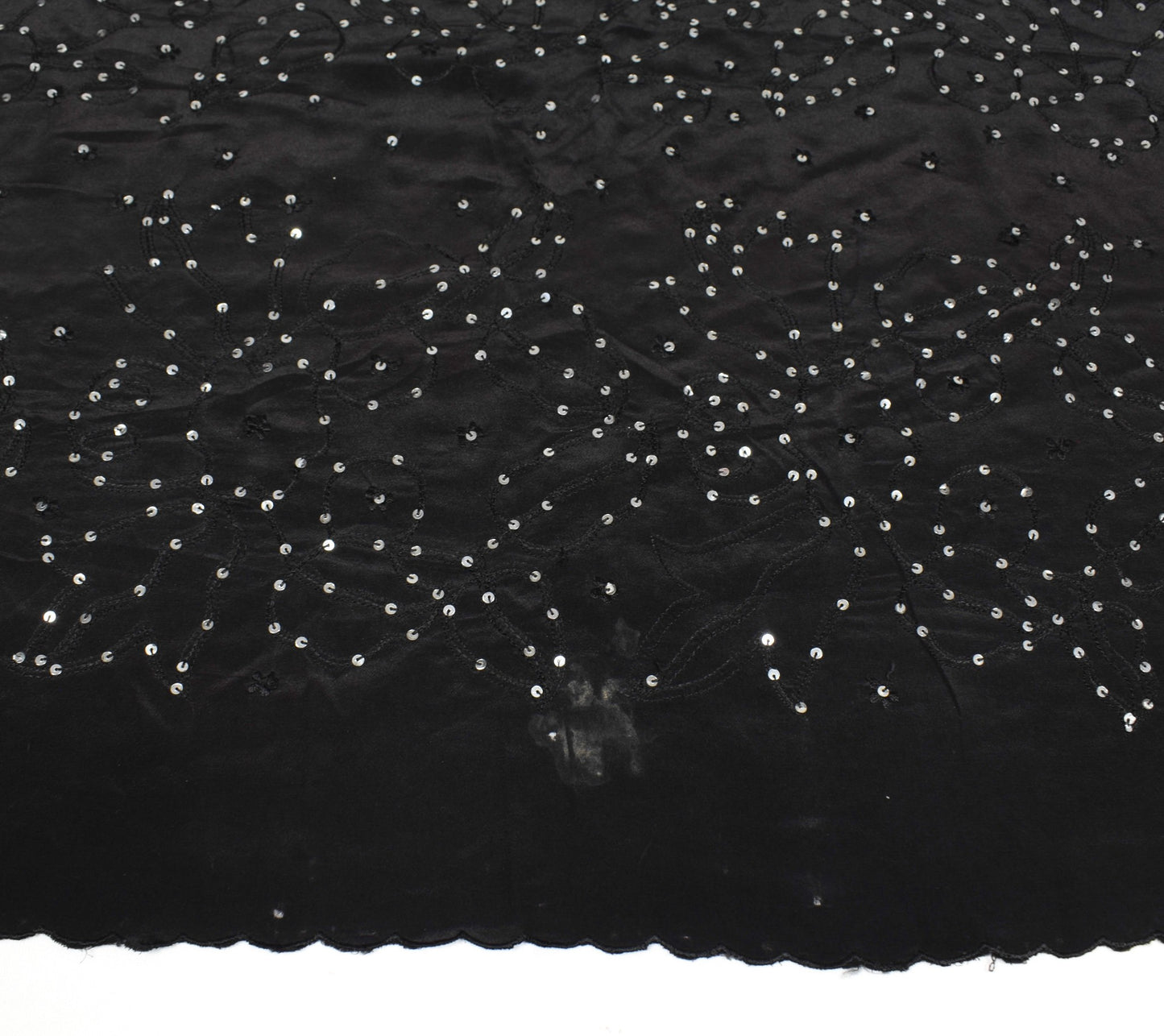 Sushila Vintage Embroidered Sari Remnant Scrap Pure Crepe Black Craft Fabric
