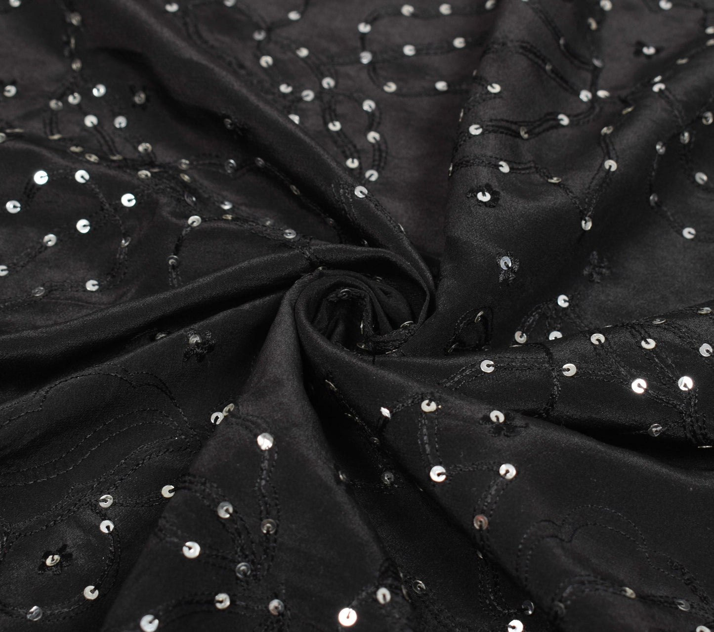 Sushila Vintage Embroidered Sari Remnant Scrap Pure Crepe Black Craft Fabric