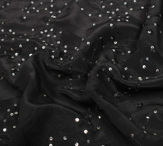 Sushila Vintage Embroidered Sari Remnant Scrap Pure Crepe Black Craft Fabric