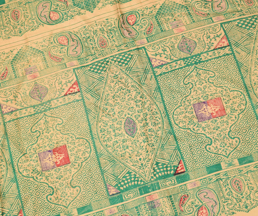 Sushila Vintage Light Brown Sari Remnant Scrap Printed Pure Silk Craft Fabric