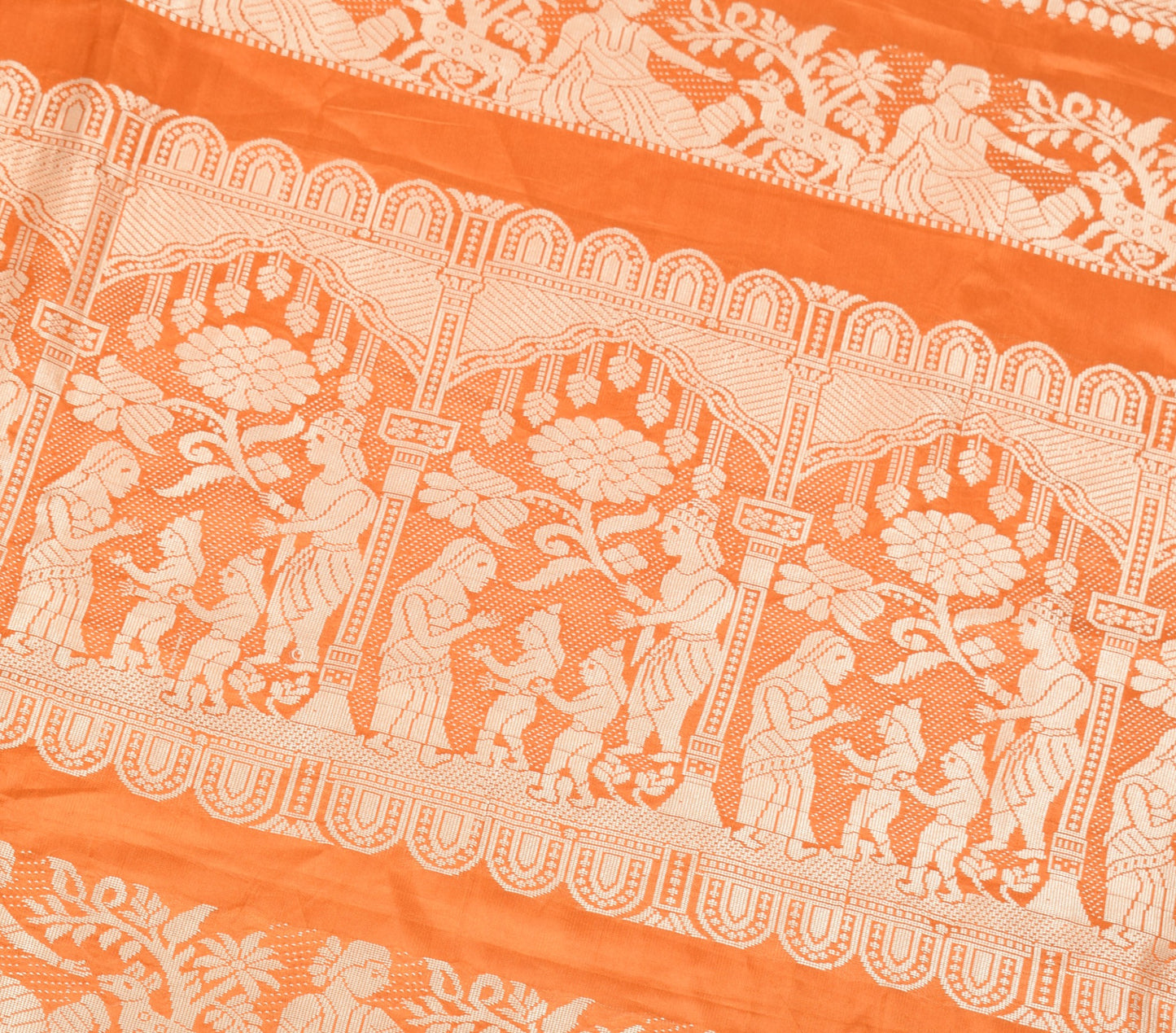 Sushila Vintage Rust Sari Remnant Scrap Pure Silk Baluchari Woven Craft Fabric