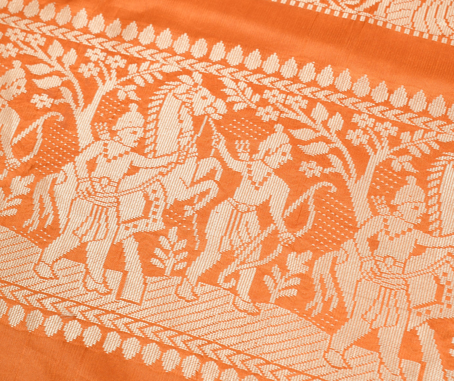 Sushila Vintage Rust Sari Remnant Scrap Pure Silk Baluchari Woven Craft Fabric