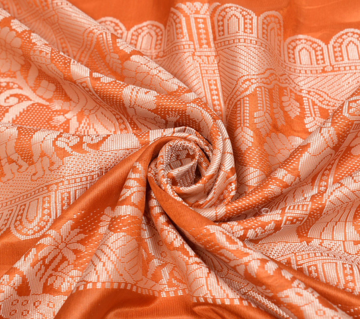 Sushila Vintage Rust Sari Remnant Scrap Pure Silk Baluchari Woven Craft Fabric