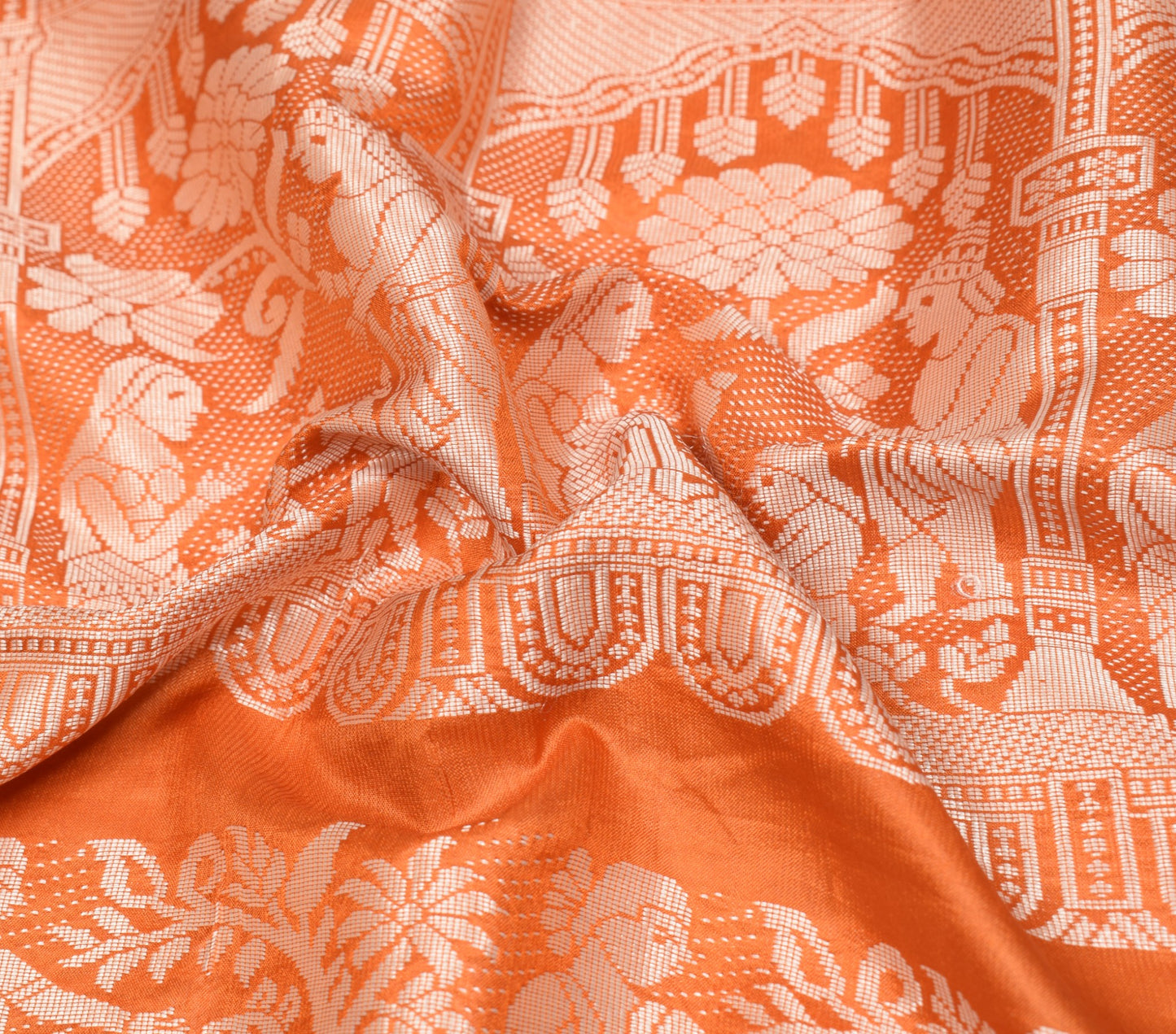 Sushila Vintage Rust Sari Remnant Scrap Pure Silk Baluchari Woven Craft Fabric