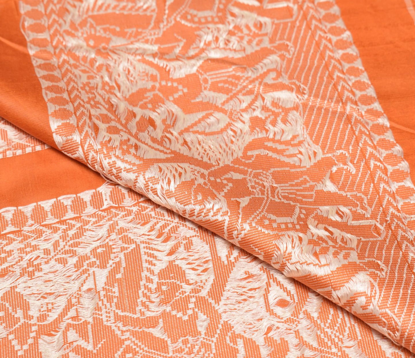 Sushila Vintage Rust Sari Remnant Scrap Pure Silk Baluchari Woven Craft Fabric