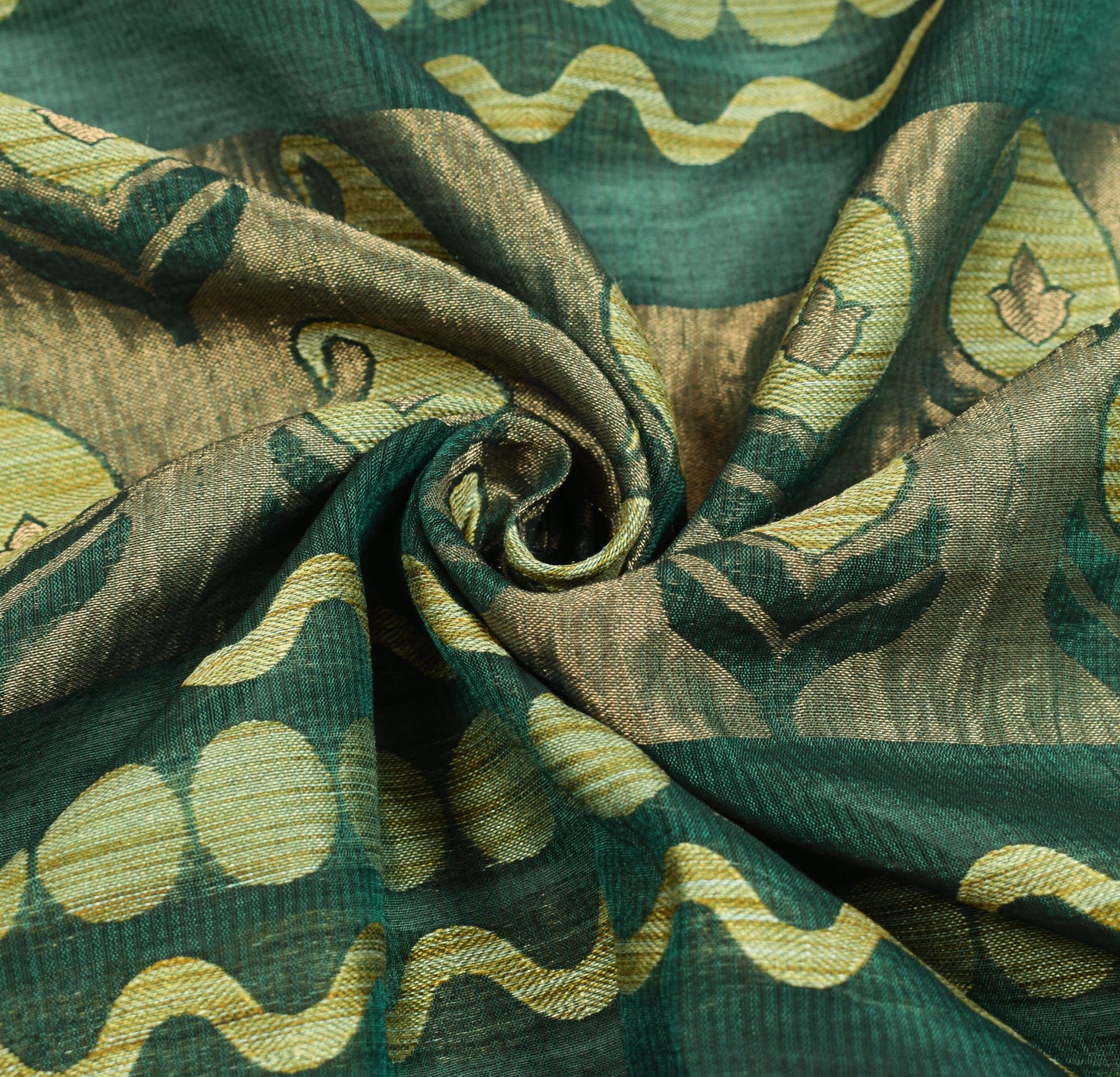 Sushila Vintage Green Woven Sari Remnant Scrap 100%Pure Cotton Silk Craft Fabric