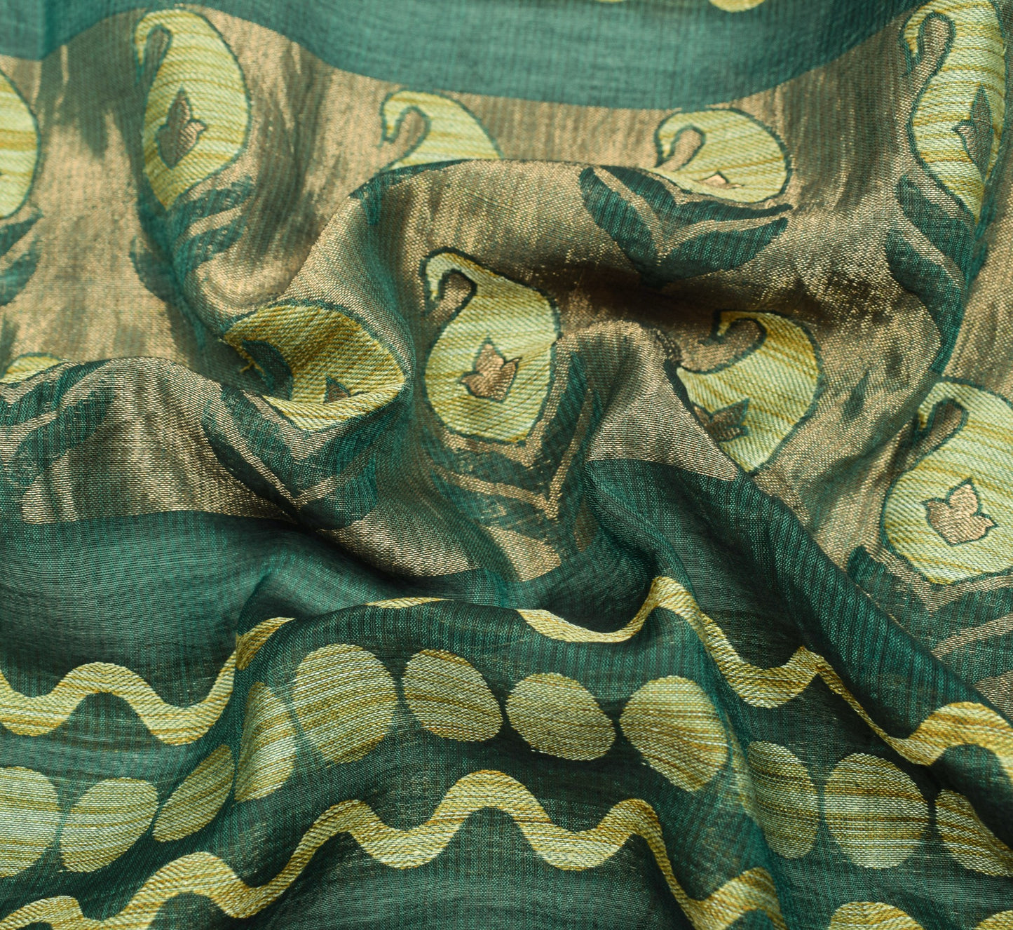 Sushila Vintage Green Woven Sari Remnant Scrap 100%Pure Cotton Silk Craft Fabric