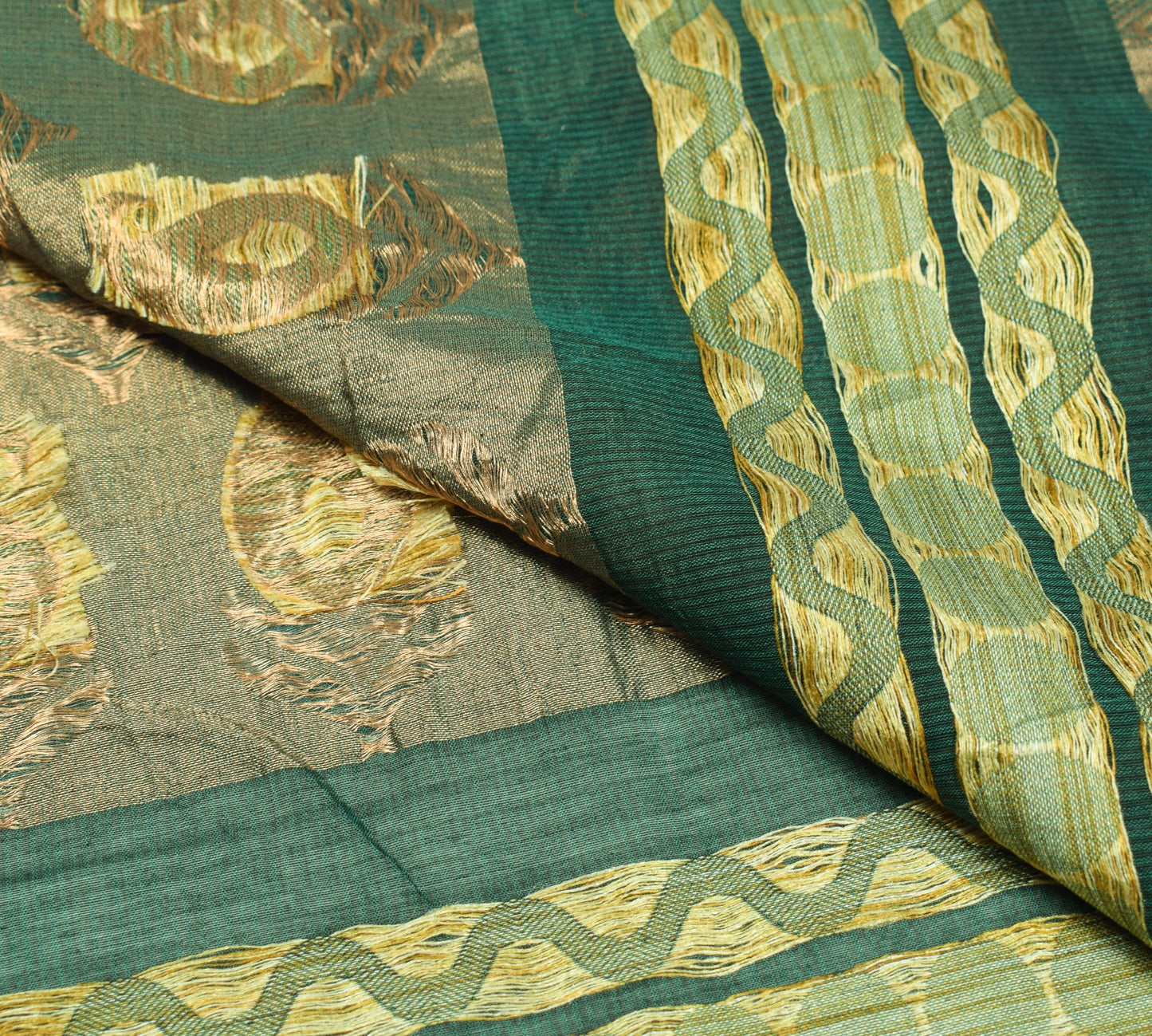 Sushila Vintage Green Woven Sari Remnant Scrap 100%Pure Cotton Silk Craft Fabric