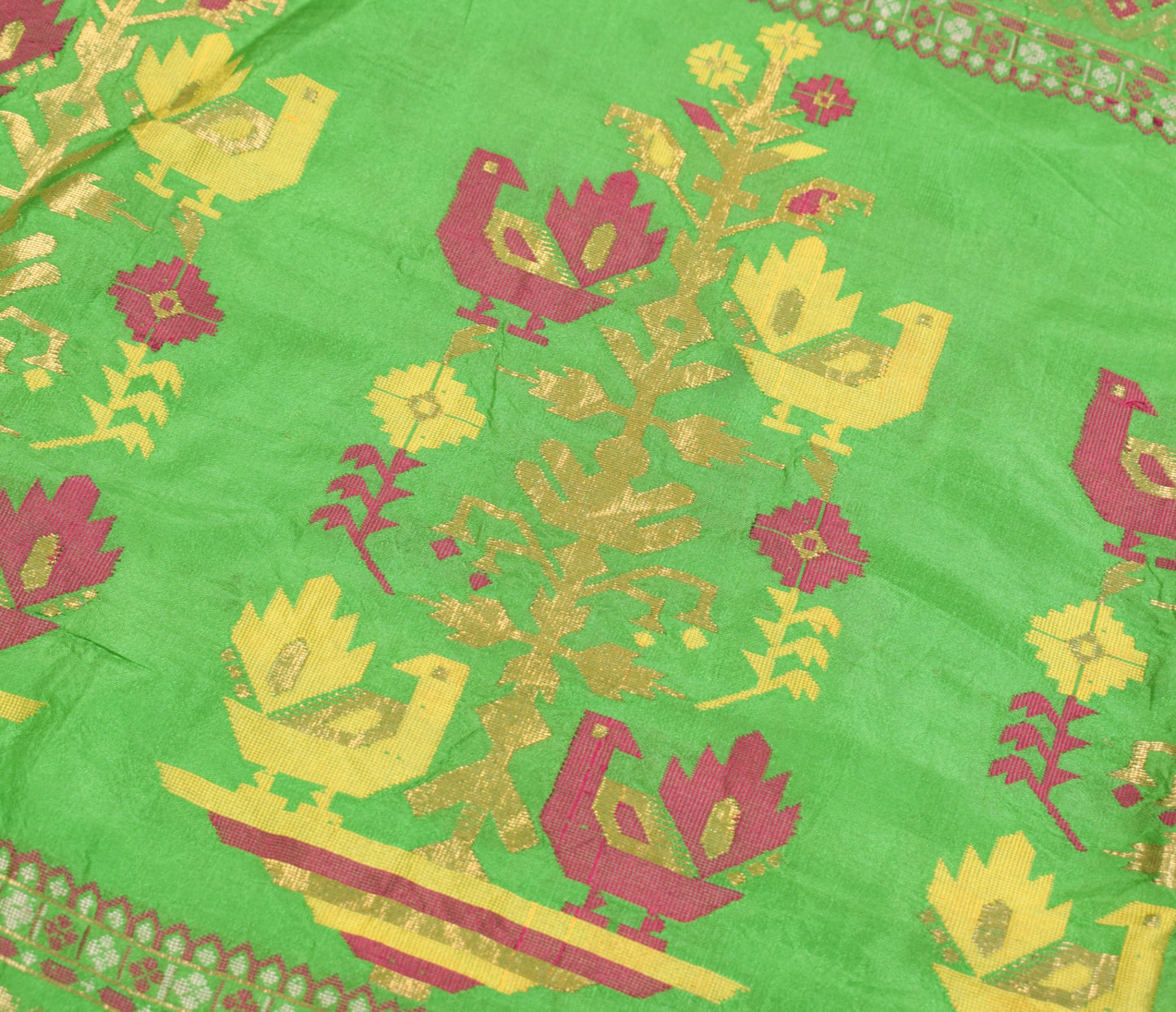 Sushila Vintage Pure Silk Sari Hand Woven Remnant Scrap Green Soft Craft Fabric