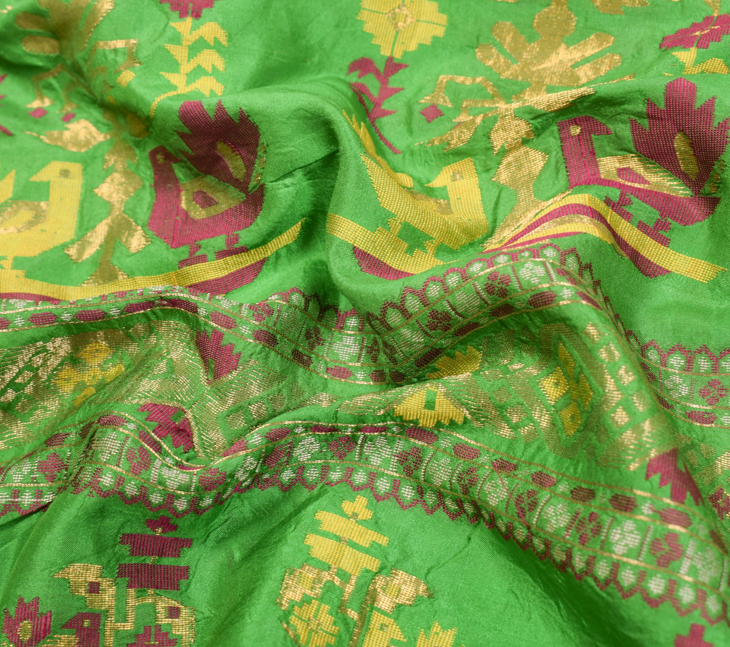 Sushila Vintage Pure Silk Sari Hand Woven Remnant Scrap Green Soft Craft Fabric