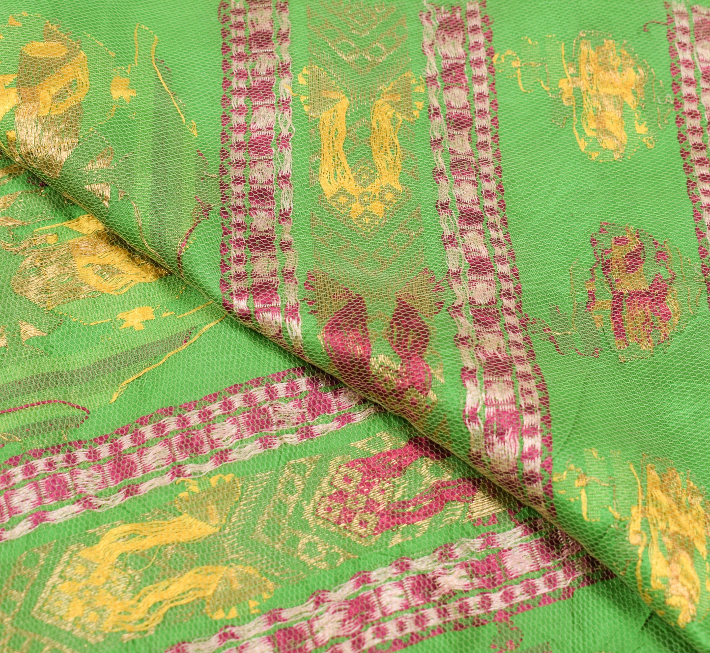 Sushila Vintage Pure Silk Sari Hand Woven Remnant Scrap Green Soft Craft Fabric