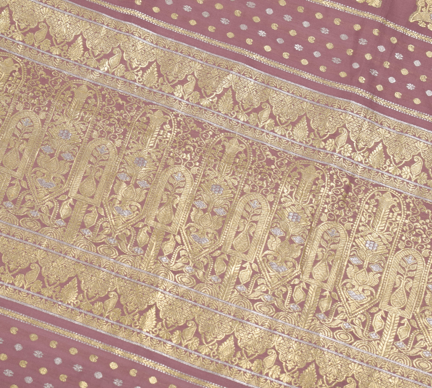 Sushila Vintage Mauve Sari Remnant Scrap Banarasi Brocade Pure Silk Craft Fabric