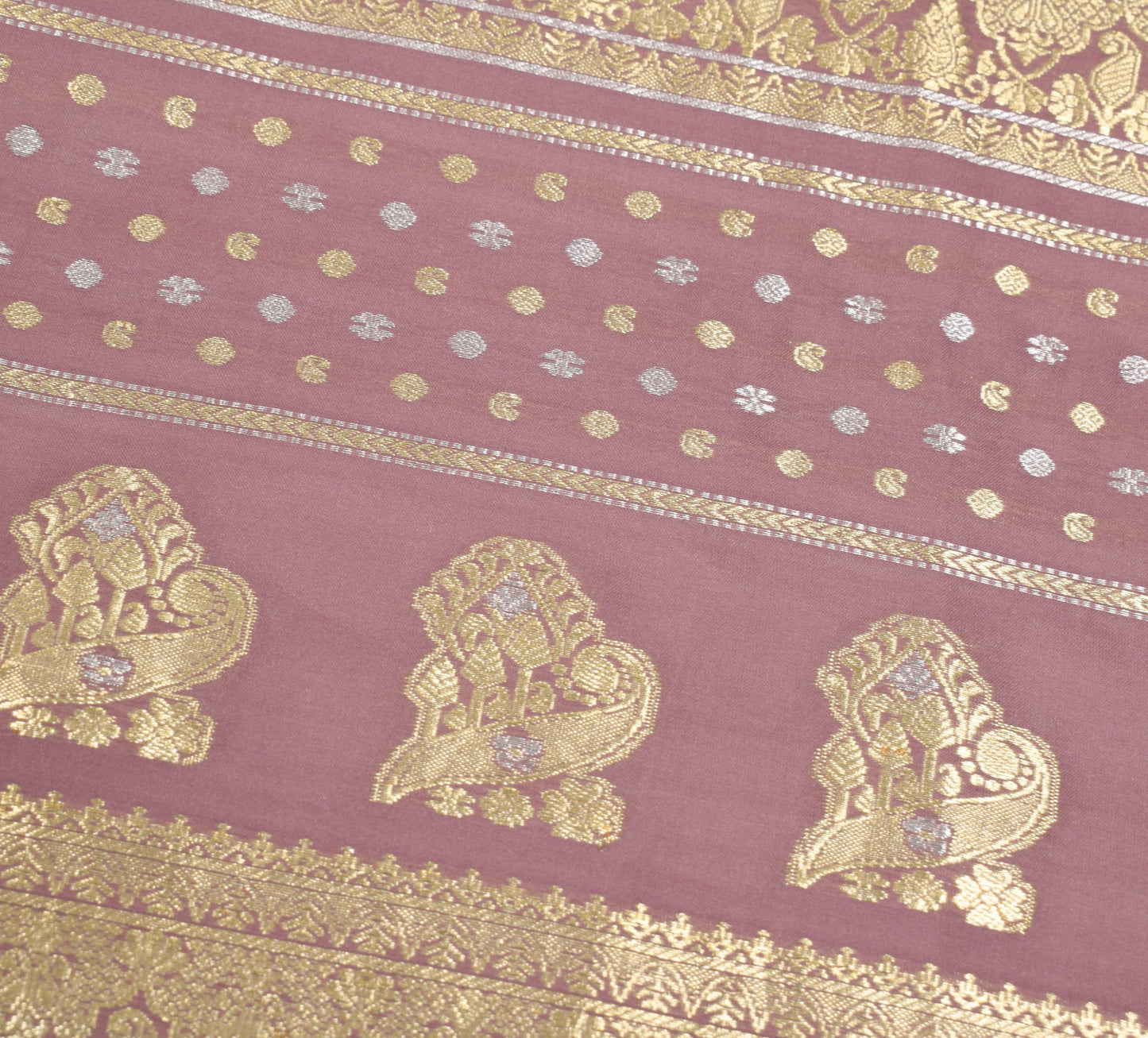 Sushila Vintage Mauve Sari Remnant Scrap Banarasi Brocade Pure Silk Craft Fabric
