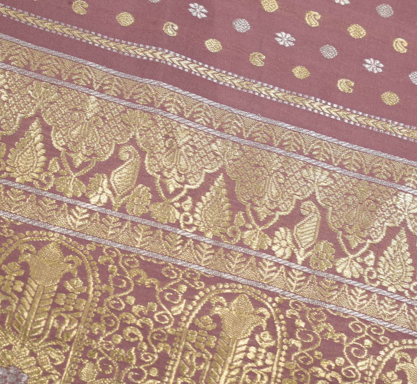 Sushila Vintage Mauve Sari Remnant Scrap Banarasi Brocade Pure Silk Craft Fabric