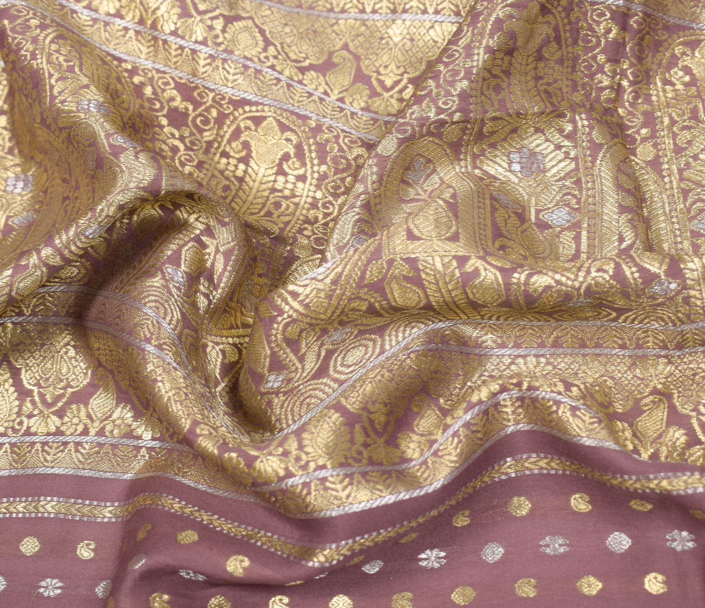 Sushila Vintage Mauve Sari Remnant Scrap Banarasi Brocade Pure Silk Craft Fabric