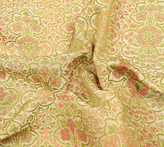 Sushila Vintage Golden Sari Remnant Scrap Pure Silk Floral Woven Craft Fabric