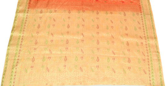 Sushila Vintage Cream Sari Remnant Scrap Art silk Zari Woven Floral Craft Fabric