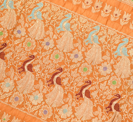 Sushila Vintage Zari Brocade Sari Remnant Scrap Pure Silk Peacock Craft Fabric