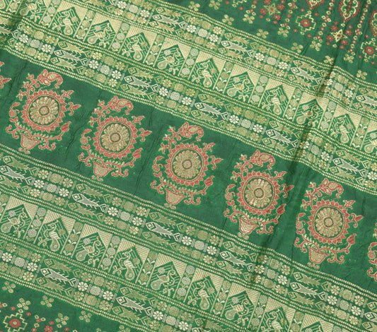 Sushila Vintage Green Sari Remnant Scrap Pure South Silk Woven Soft Craft Fabric