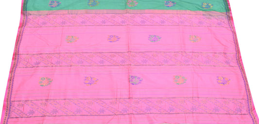 Sushila Vintage Pink Hand Woven Sari Remnant Scrap 100% Pure Silk Craft Fabric