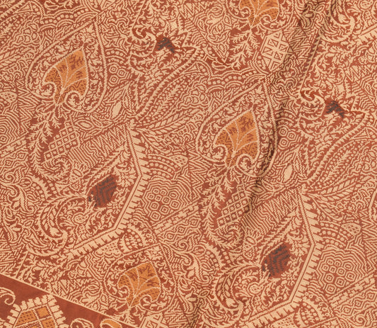 Sushila Vintage Brown Sari Remnant Scrap Pure Silk Floral Woven Craft Fabric
