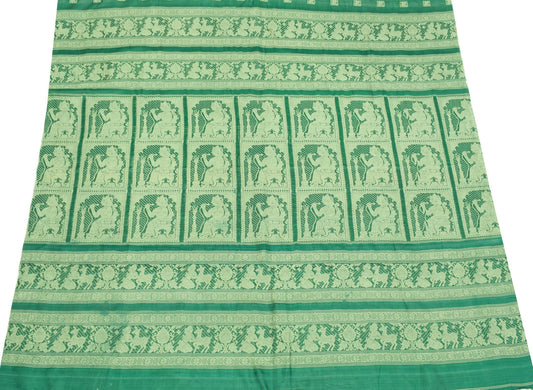 Sushila Vintage Baluchari Woven Sari Remnant Scrap Pure Silk Green Craft Fabric