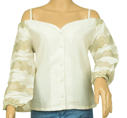 Sushila Vintage White Branded Stitched Sari Blouse Off Shoulder Printed Top 38