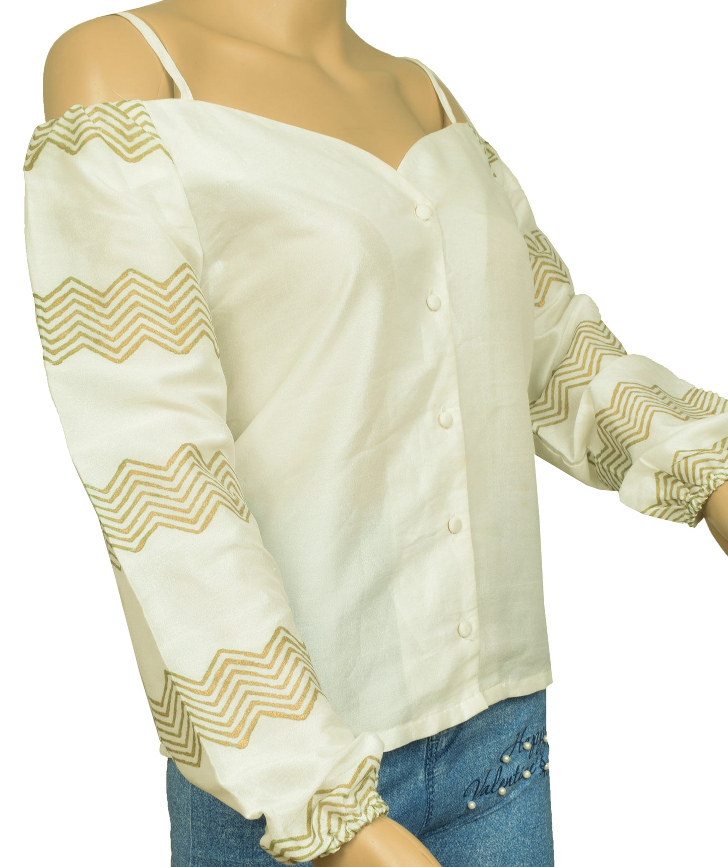 Sushila Vintage White Branded Stitched Sari Blouse Off Shoulder Printed Top 38