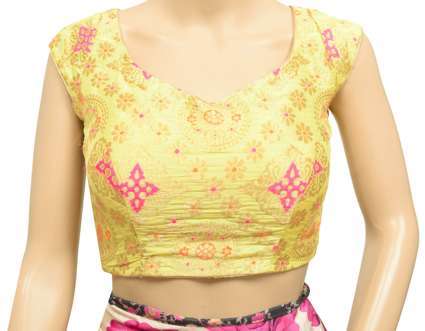 Size 34 Vintage Stitched Yellow Backless Sari Blouse Silk Padded Designer Choli