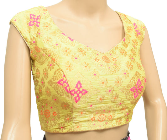 Size 34 Vintage Stitched Yellow Backless Sari Blouse Silk Padded Designer Choli
