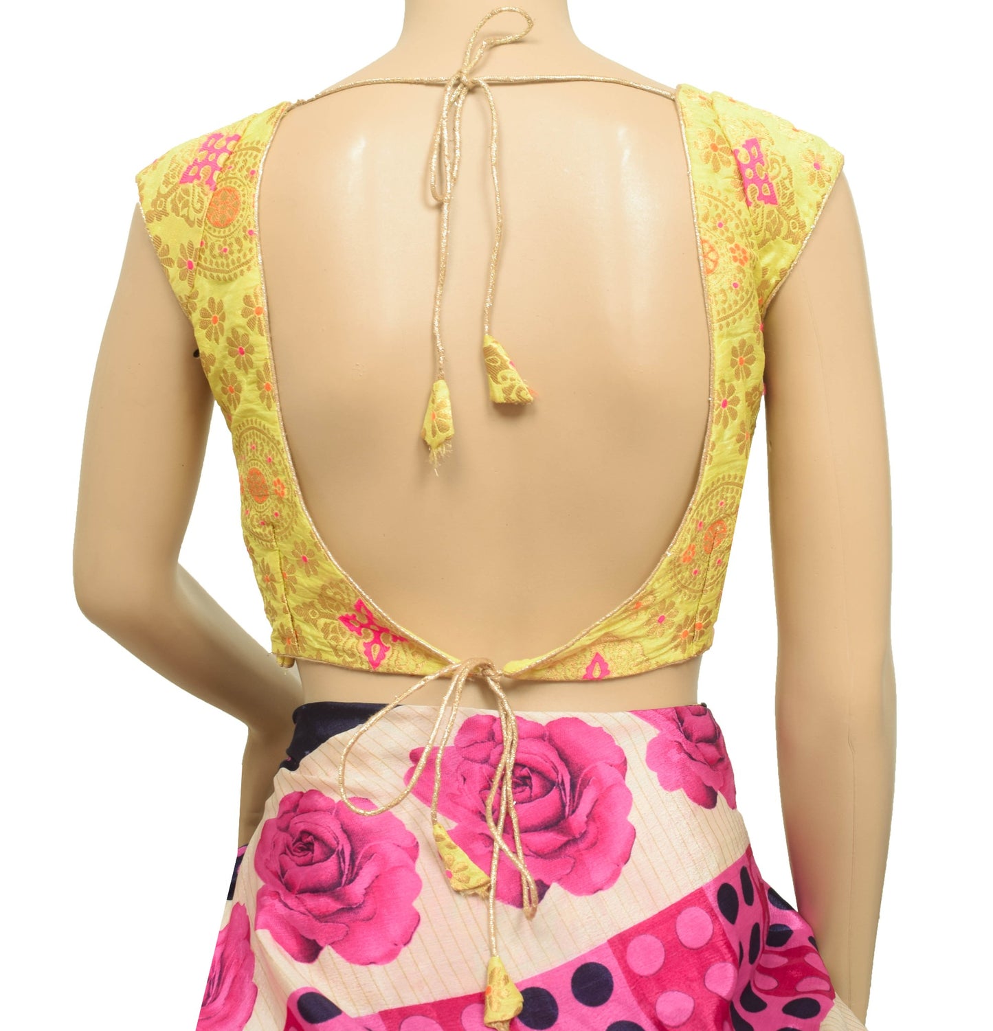 Size 34 Vintage Stitched Yellow Backless Sari Blouse Silk Padded Designer Choli