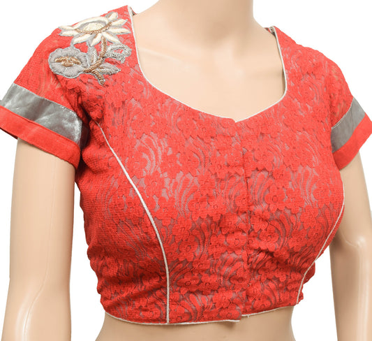 Sushila Vintage Red Stitched Sari Blouse Applique Work Padded Designer Top 40