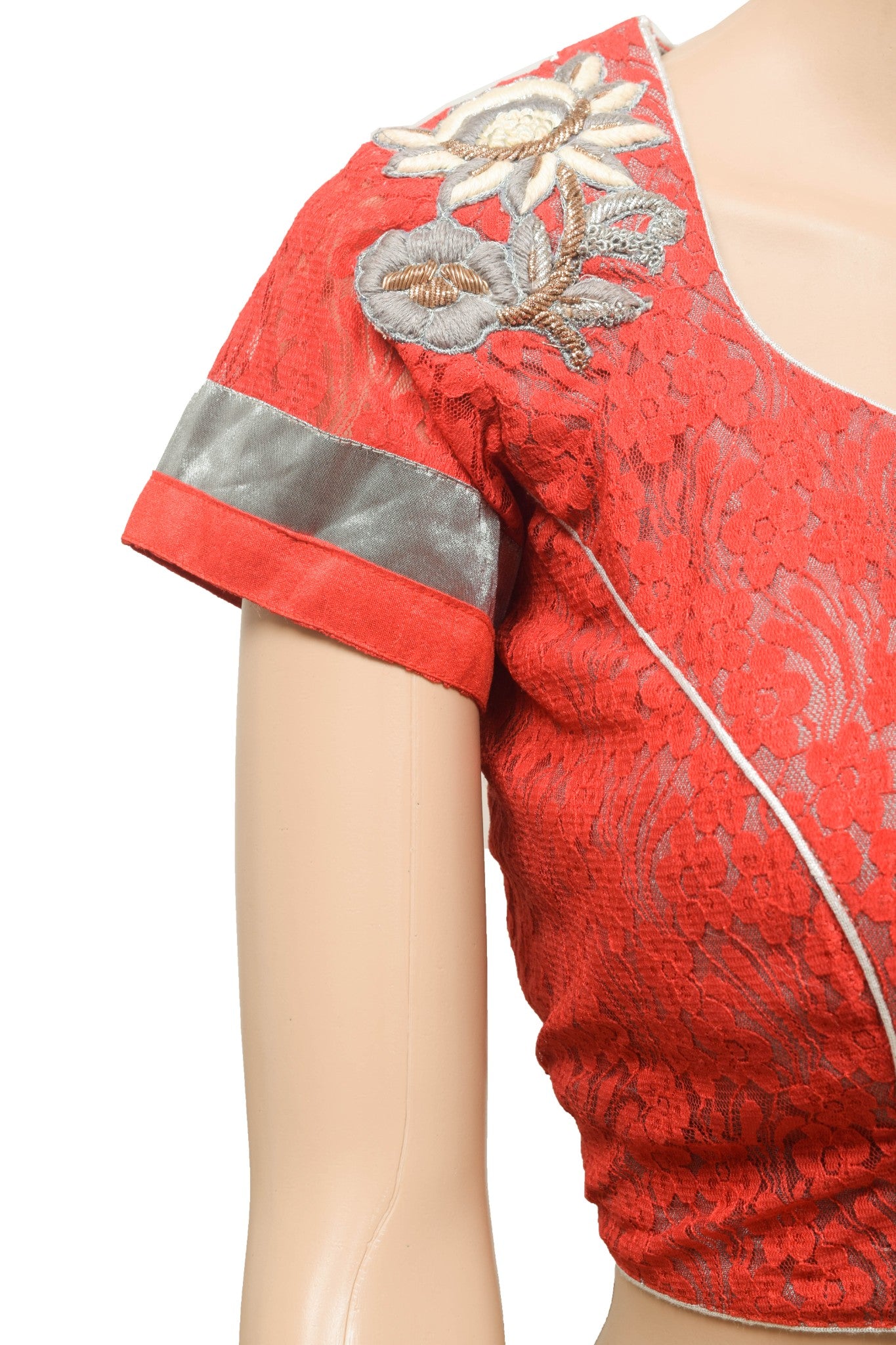 Sushila Vintage Red Stitched Sari Blouse Applique Work Padded Designer Top 40