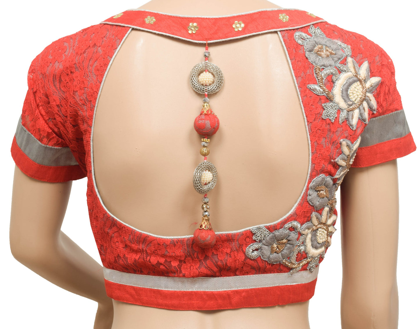 Sushila Vintage Red Stitched Sari Blouse Applique Work Padded Designer Top 40