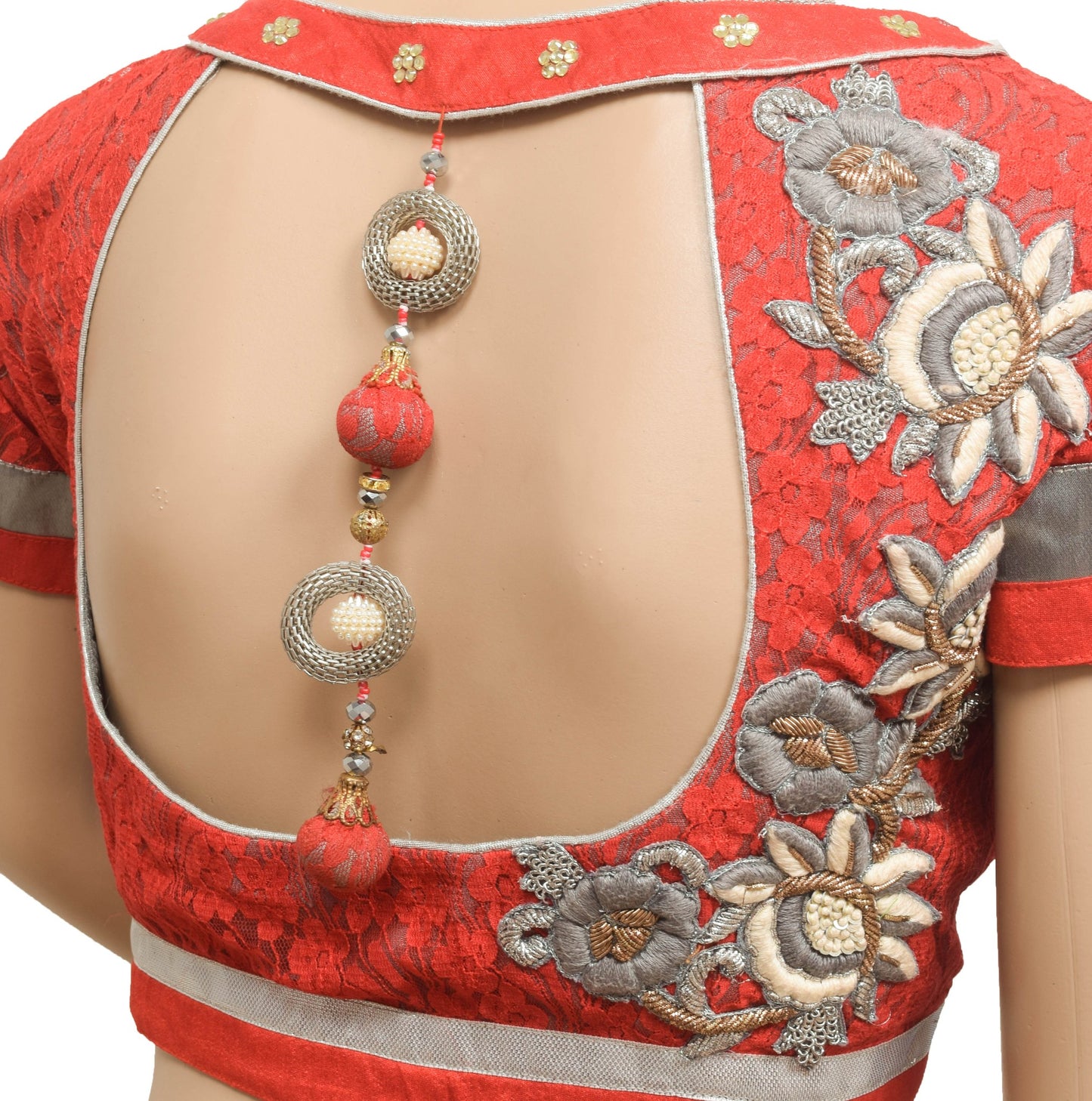 Sushila Vintage Red Stitched Sari Blouse Applique Work Padded Designer Top 40