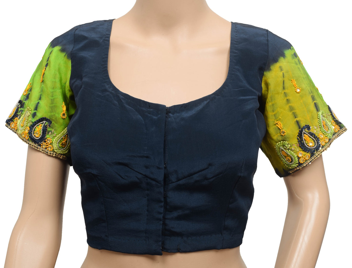 Sushila Vintage Dark Blue Stitched Crepe Silk Sari Blouse Embroidered Choli 38