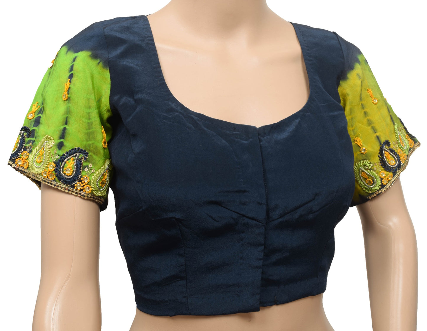 Sushila Vintage Dark Blue Stitched Crepe Silk Sari Blouse Embroidered Choli 38