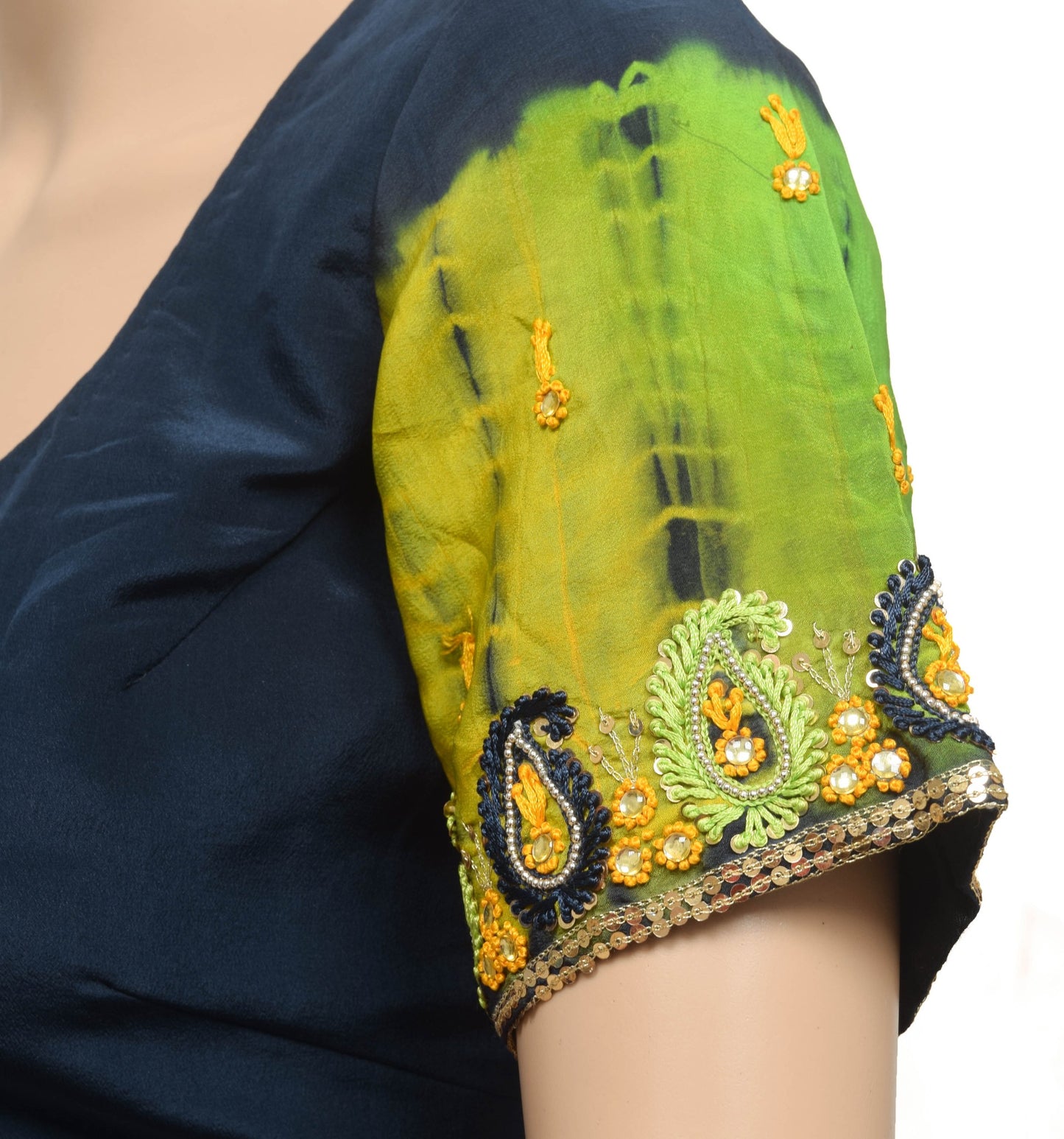 Sushila Vintage Dark Blue Stitched Crepe Silk Sari Blouse Embroidered Choli 38