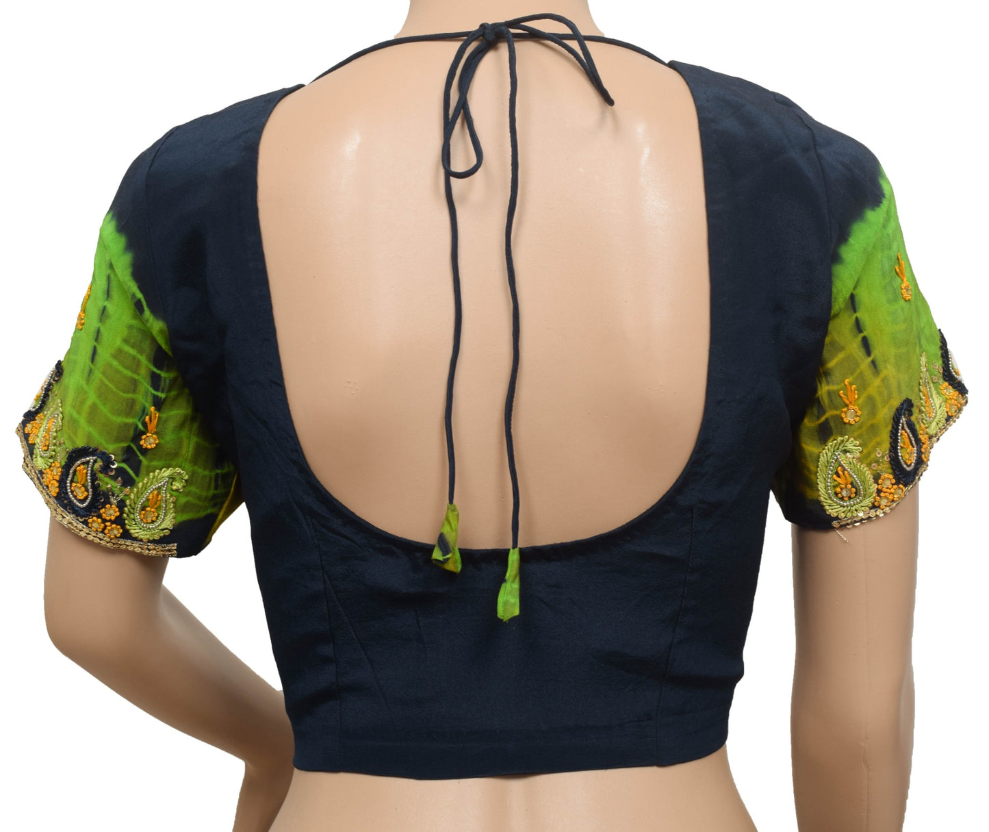 Sushila Vintage Dark Blue Stitched Crepe Silk Sari Blouse Embroidered Choli 38