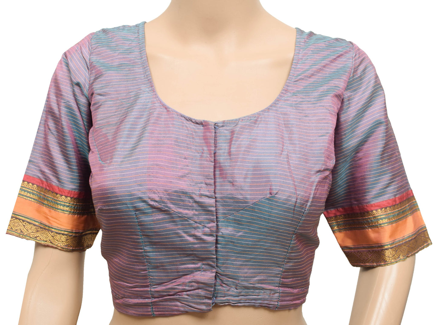 Size 36 Vintage Dual Tone Stitched Sari Blouse Silk Stripes Woven Designer Choli