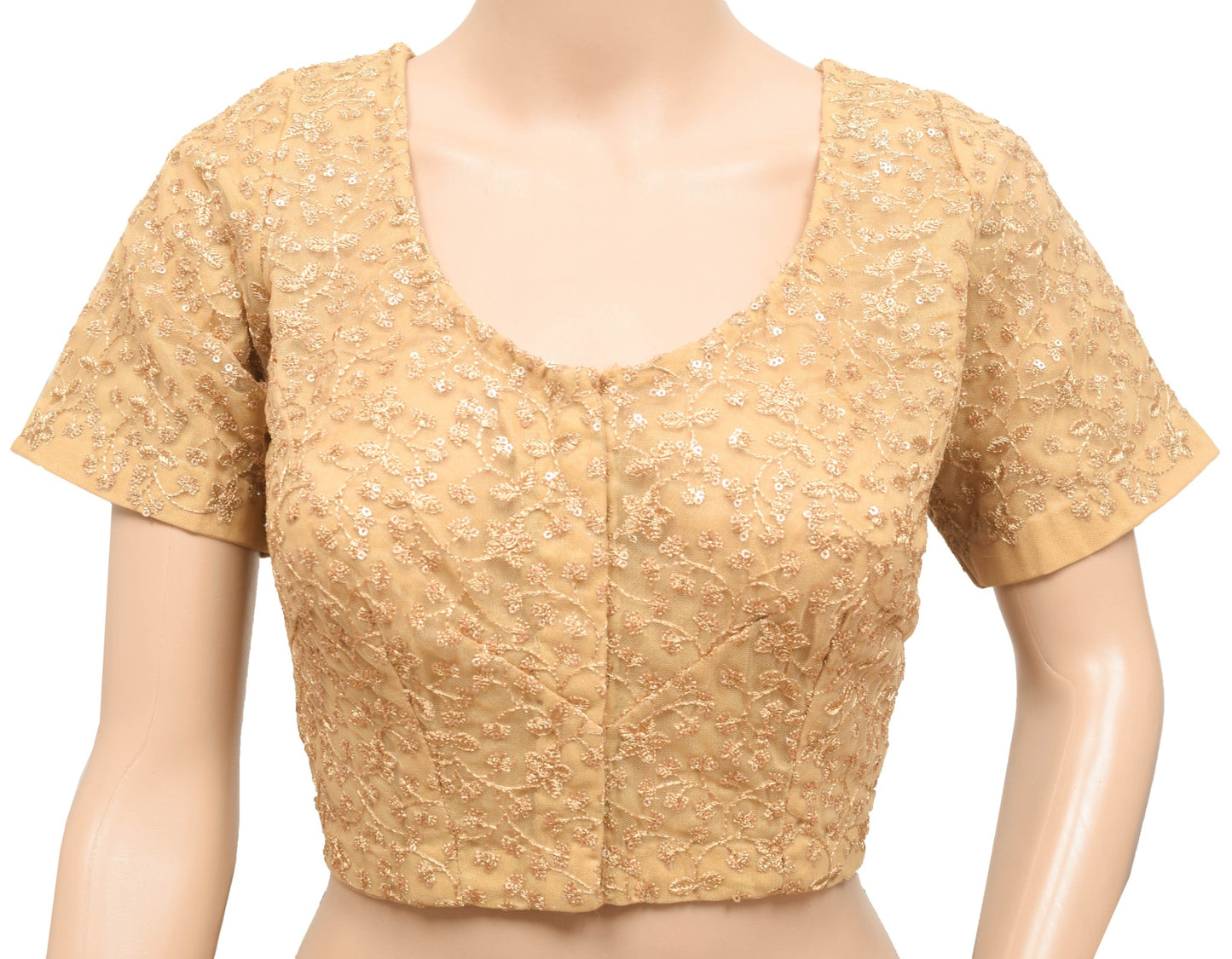 Size 38 Vintage Elbow Sleeve Golden Sari Blouse Net Sequence Zari Embroidery Top