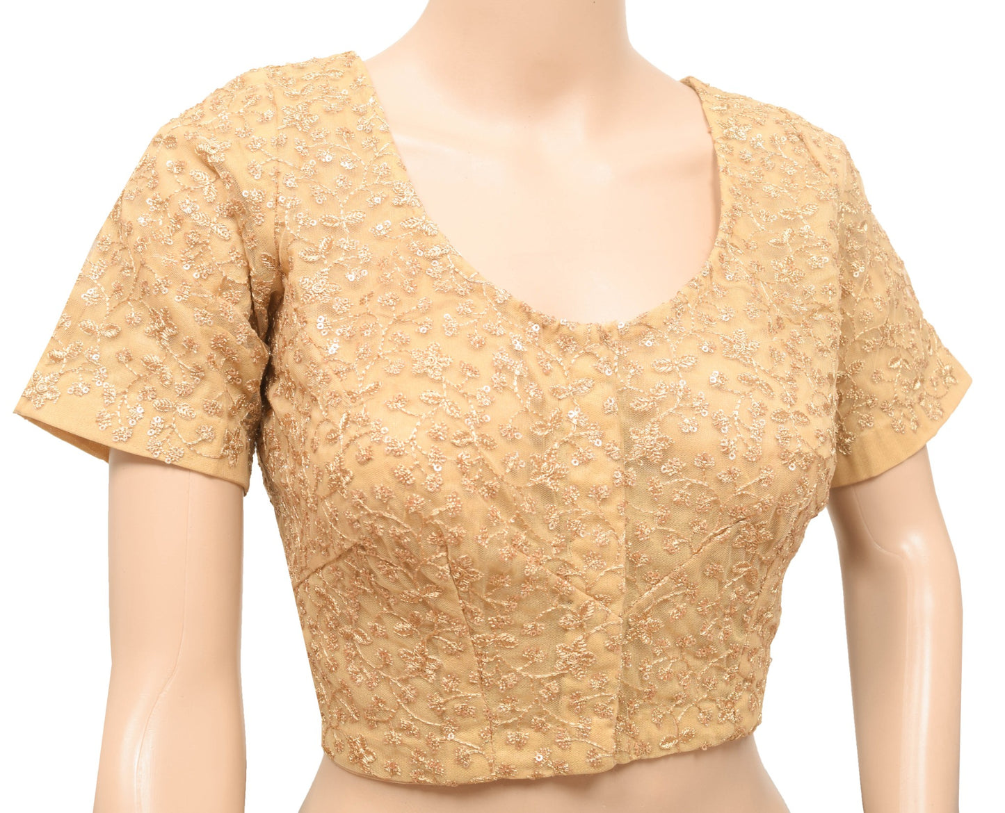 Size 38 Vintage Elbow Sleeve Golden Sari Blouse Net Sequence Zari Embroidery Top