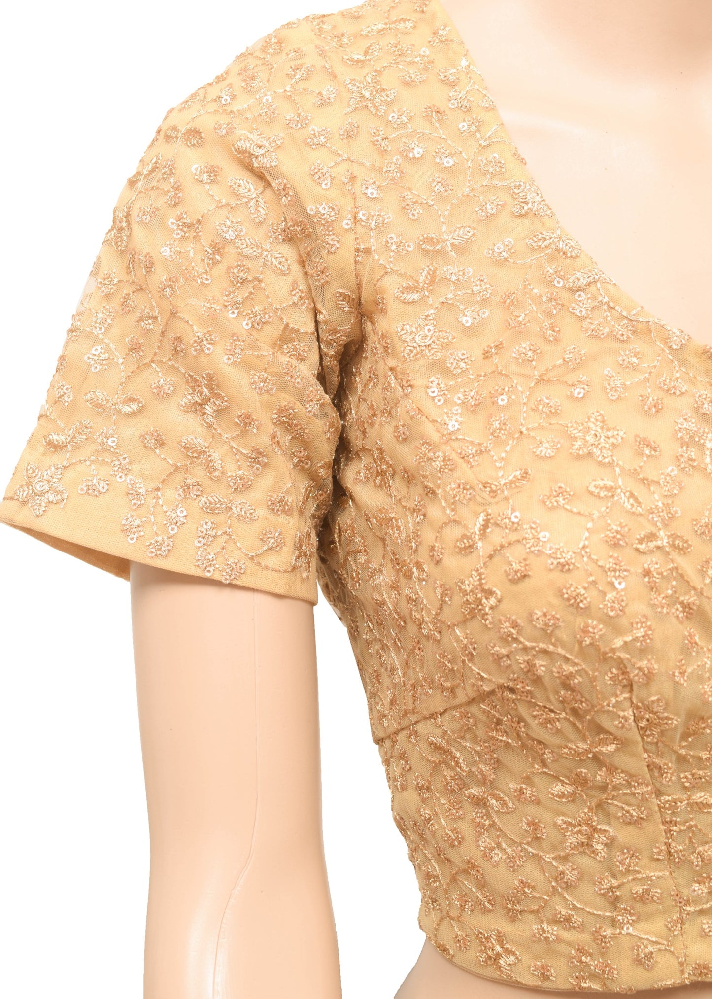 Size 38 Vintage Elbow Sleeve Golden Sari Blouse Net Sequence Zari Embroidery Top